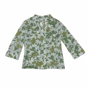 FRED David Green & White Striped Floral Print Button Down Blouse